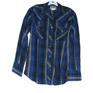 Wrangler blue plaid button down shirt size large, western style pearl snaps